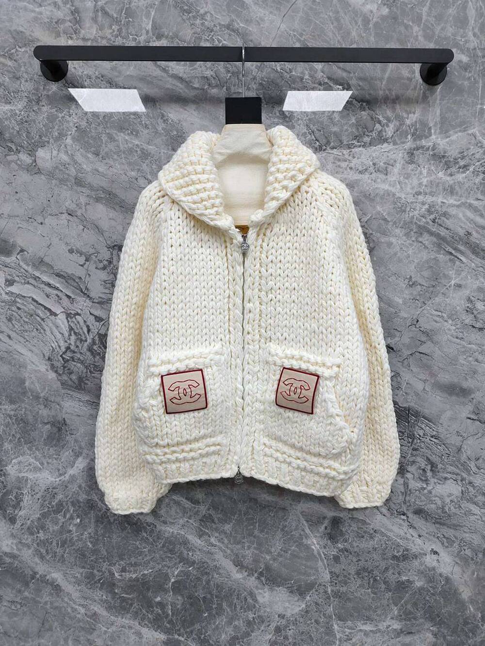 Chanel Cream Chunky Knit Zip‑Up Shawl Collar Cardigan Jacket